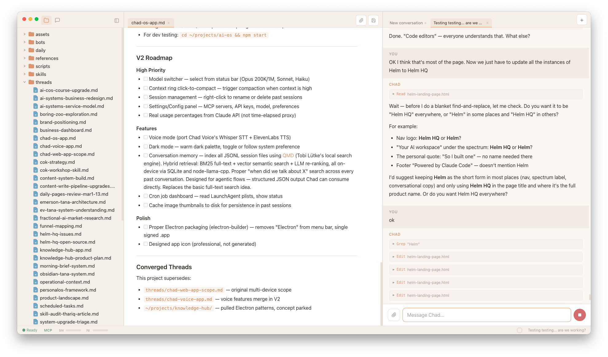 Hyo HQ three-panel layout with active chat, file tree, and document preview